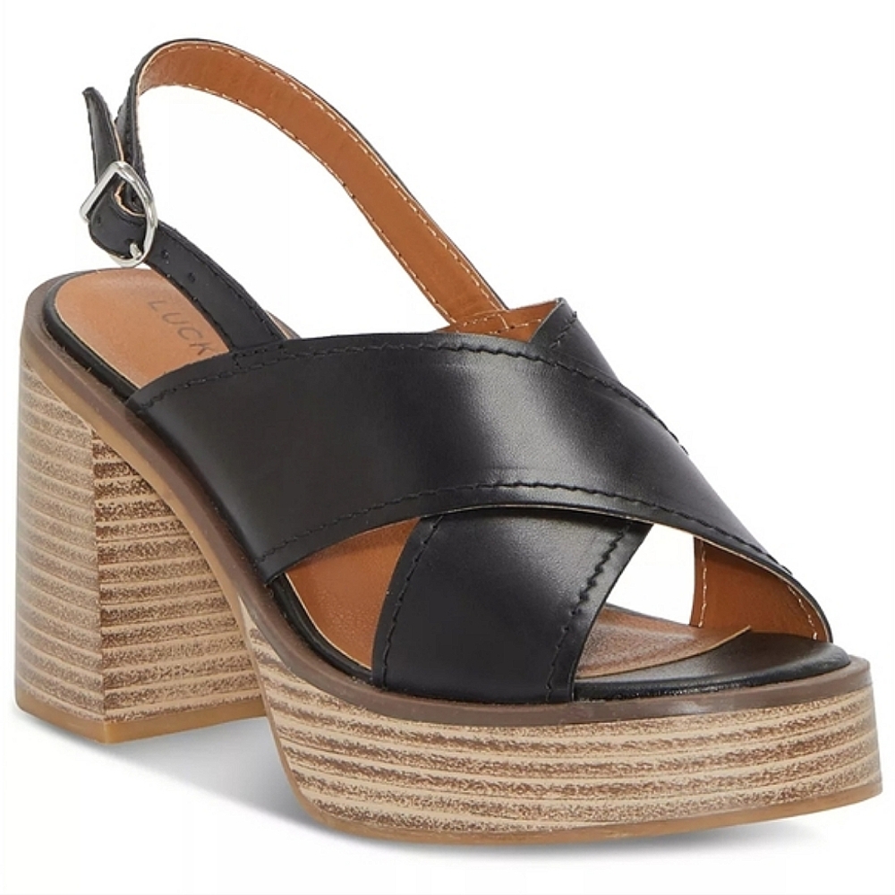 🆕️ LUCKY BRAND Delmie Slingback Platform Stacked Heel Leather Sandals SIZE: 5